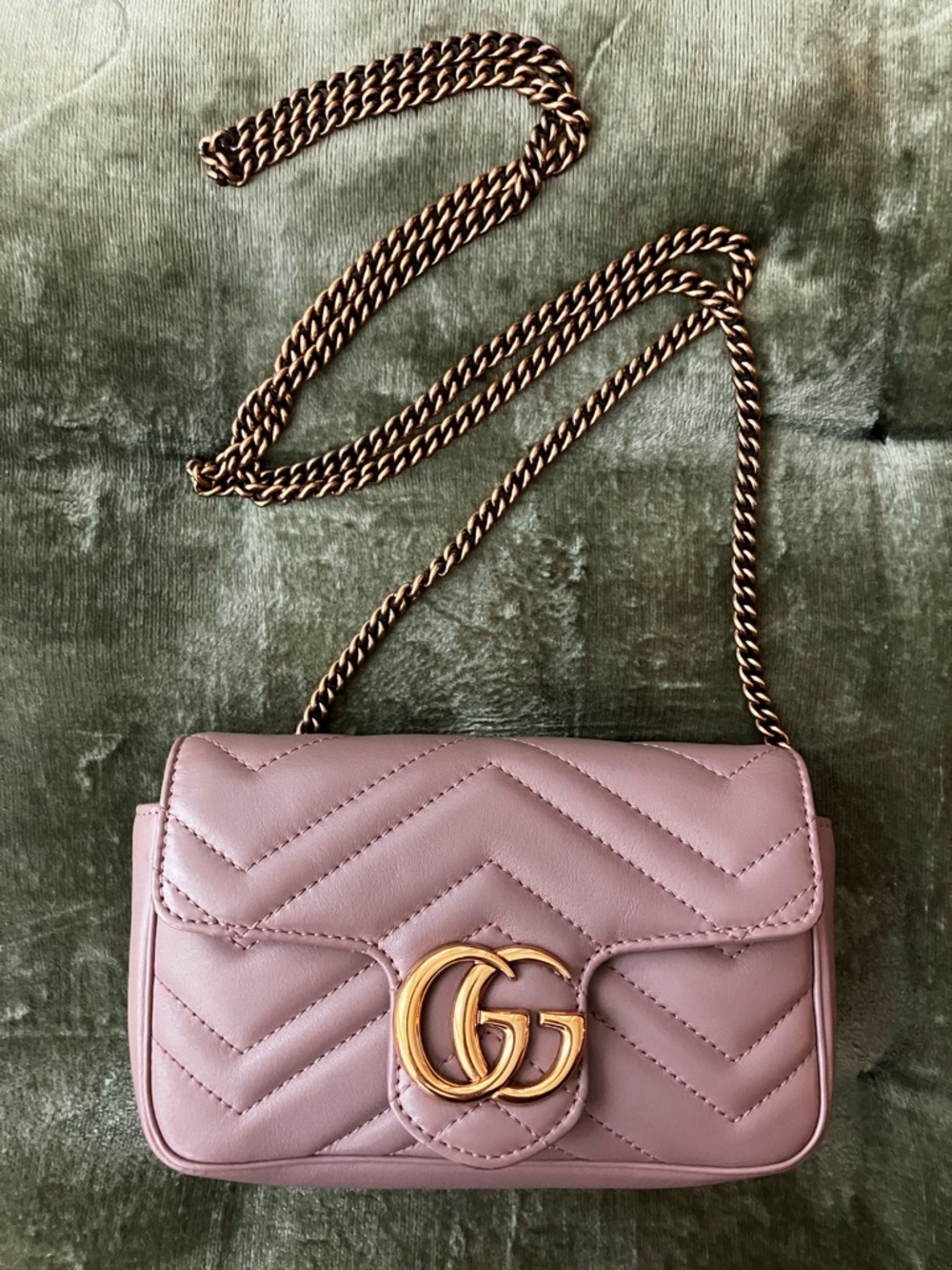 Gucci Dusty Rose Beige Quilted Chevron Leather Mini Crossbody with Gold GG Chain